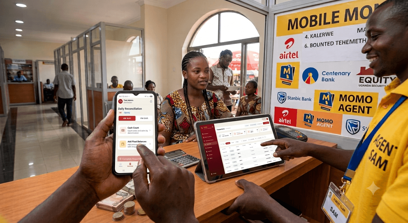 Agents reconciling with Teleba on phone and tablet at the counter
