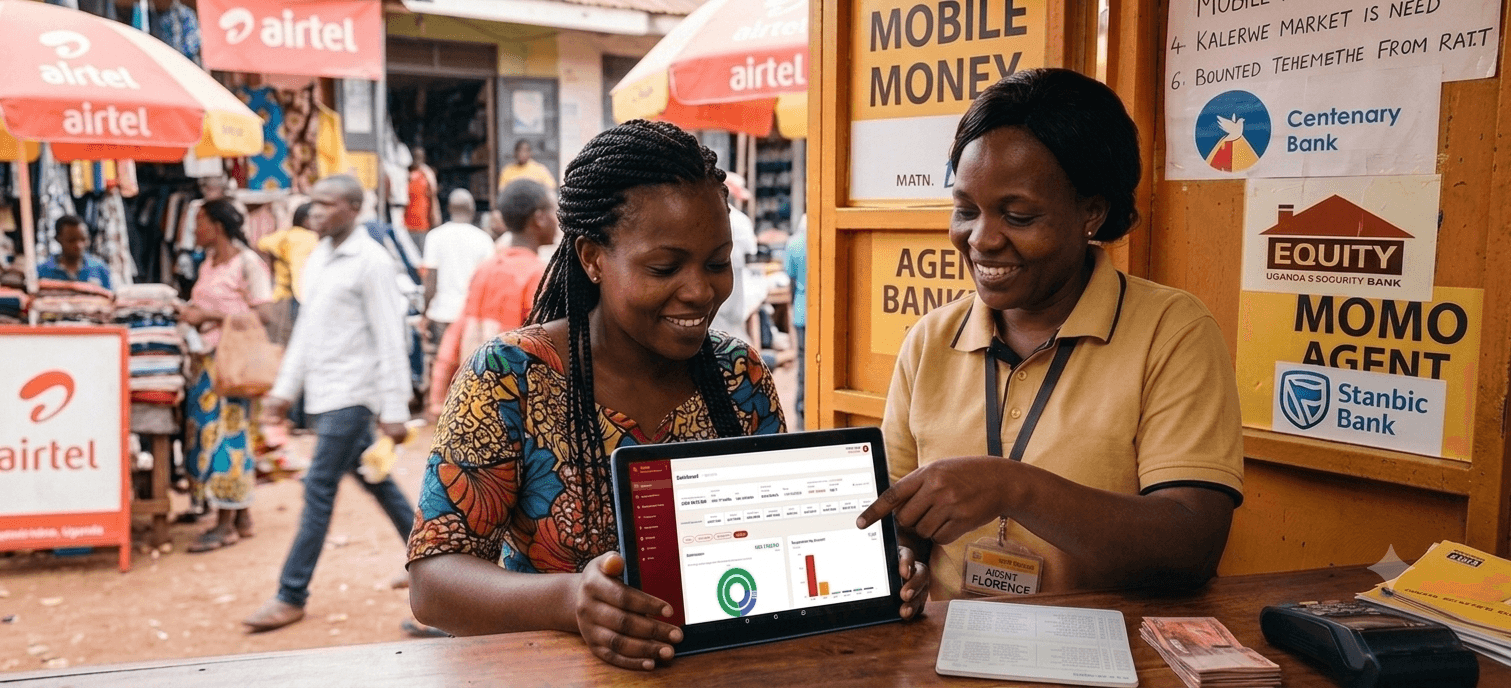 Agents reviewing their Teleba dashboard at a market kiosk in Kampala